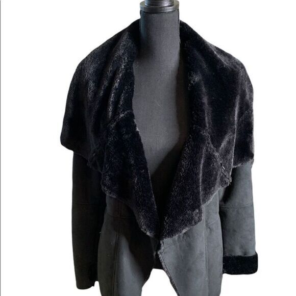 Dress Barn Black faux Shearling coat drape front 🖤 WARM size medium beautiful! - Picture 3 of 13